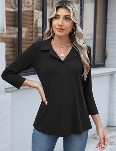 LUYAA Womens Polo Shirts 3/4 Length Sleeve Tops Collar V Neck Business Casual Blouses4