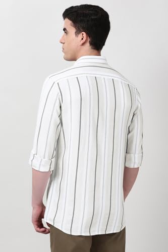 Image of Peter England Men's Linen Blend Shirt | Subtle Stripes | Full Sleeves