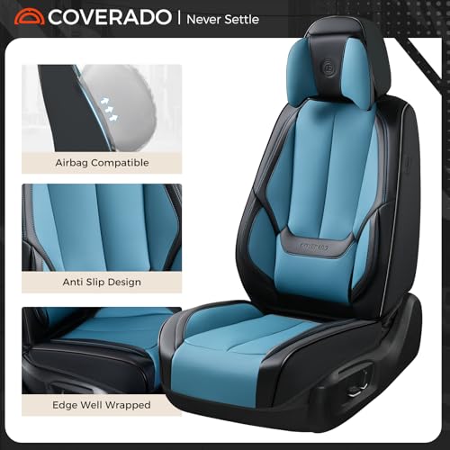 Image of Coverado Seat Covers, Car Seat Covers Front Seats, Car Seat Cover, Car Seat Protector Waterproof, Seat Cushion Nappa Leather with Head Pillow, Carseat Cover Universal Fit for Most Cars (Black&Blue)