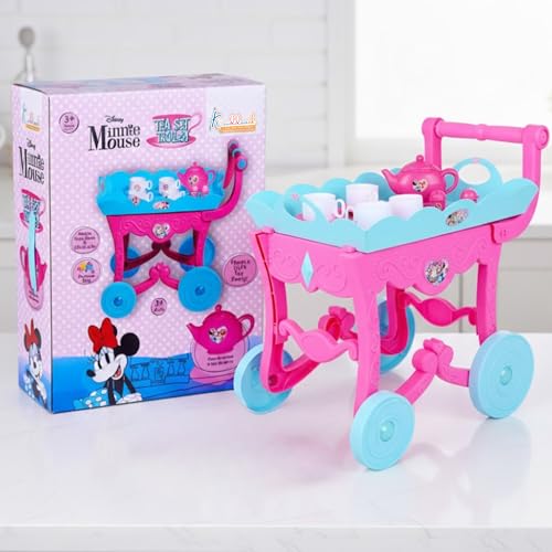 Image of Minnie Tea Trolley Set for Kids - 32 Pcs Pretend Play Tea Party Toy with Electronic Kettle, Lights & Music - Battery Operated Educational Kitchen Set, Pink, Gift for Girls Age 3+