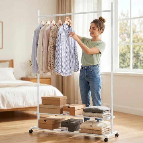 Image of Lukzer Single Rod Metal Garment Rack with Wheels & 2 Bottom Shelves, Portable Clothes Stand /Coat Hanger Rack with Shoe Storage for Bedroom, Entryway & Open Wardrobe (White /109x34x162 cm)