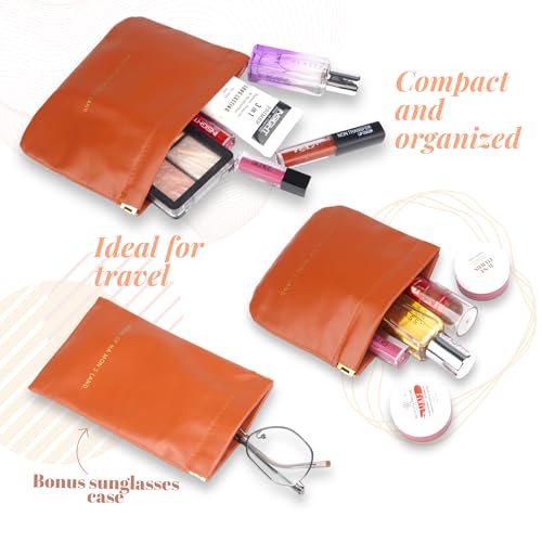 Image of House of Quirk Cosmetic Bag for Women Makeup Bag for Purse Travel Makeup Organizer Bag Waterproof Makeup Pouch with Sunglasses Case (Pack of 3, Brown)