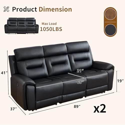 Image of ANJ Power Oversized Reclining Sofa Couch Set of 2, Breathable Faux Leather 3-Seater Electric Recliner Couches with USB&Type-C Charging Ports for Living Room, Black