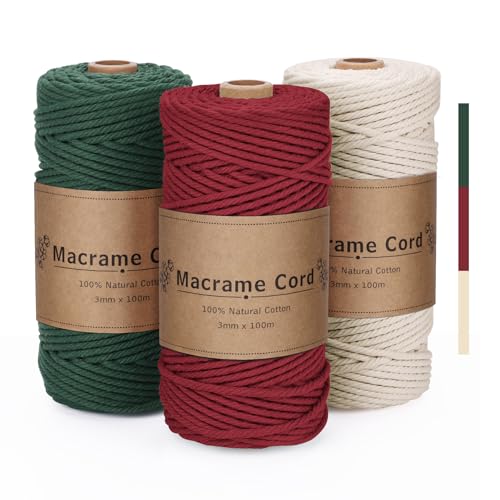 Kit de Hilo de Macramé para Principiantes - 3 Rollos de Algodón 100% Natural, 3mm x 100m en Beige, Rojo Burdeos y Verde Bosque | Ideal para Tapices, Plantas Colgantes y Deco Bohemia
