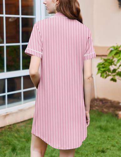 Image of Ekouaer Nightgowns for Women Button Down Sleepshirt Short Sleeve Nightshirt Boyfriend Pajamas V Neck Nightdress S-XXXL