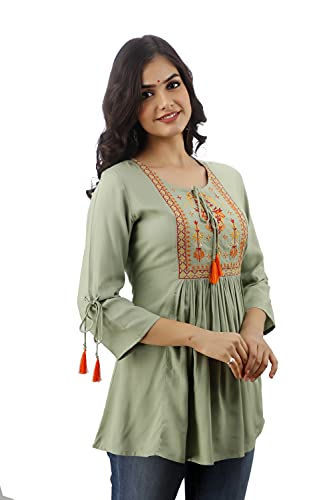 Image of DMP FASHION Women's Rayon Classic Heavy Embroidery Top with Beautifull Tassels at Front and on Both Sleeves