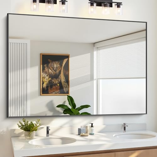 KOCUUY 60x40 Inch Large Black Wall Mounted Mirror Aluminum Framed Decorative Rectangular Bathroom Mirror for Wall Over Sink Vanity Mirror for Bedroom Living Room Bathroom Functional Oversized Mirror