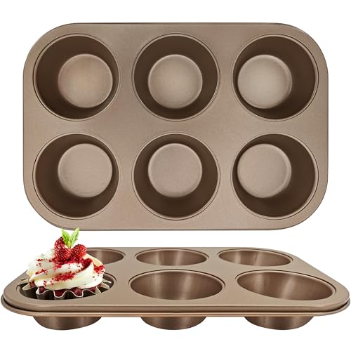Satax Muffin Pan for Baking, Nonstick Cupcake Tin 6 Cup,sets of 2,Heavy Duty Steel Muffin Pan (Gold, 6-cup)