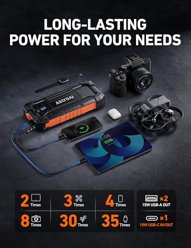 Image of AstroAI S8 Ultra Car Jump Starter, 4000A Safe 12V Battery Booster Pack (All Gas /12L Diesel), Portable Jump Box with Smart Jumper Cables, Type-C /USB, Flashlight, Rugged Protection & Storage Bag, Orange