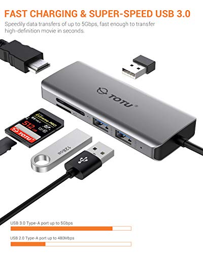 USB C Hub, TOTU 6-in-1 Type C Hub with 2 USB 3.0 Port,1 USB 2.0 Port,4K HDMI,SD/TF Card Port,Compatible for MacBook/Pro/Air 2016/2017/2018 and More USB C Devices (Gray) - Thumbnail 5