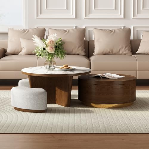 Lartis Coffee Table Set 2 - Walnut Coffee Table with Drawer and Stools - Marble Circular Stone Tabletop Modern Design Round Coffee Table for Living Room