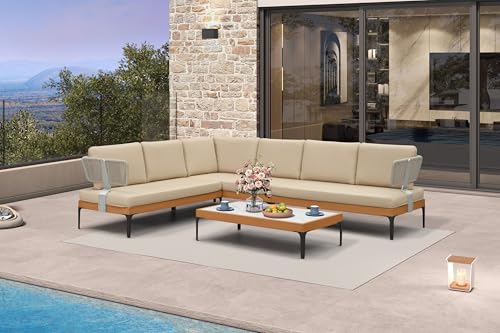 Image of PURPLE LEAF Patio Furniture Set Outdoor Sectional Sofa with Coffee Table Fade-Resistant Cushions Wicker L-Shaped 7 Pieces Aluminum Conversation Sets for Balcony Yard Garden Poolside, Khaki