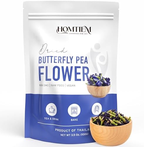 Homtiem Organic Dried Butterfly Pea Flower 3.5oz(100g), Non-GMO, Vegan, Natural, Pure, Fresh from Farm, No Color Added, Rich in Antioxidants and Health Benefits