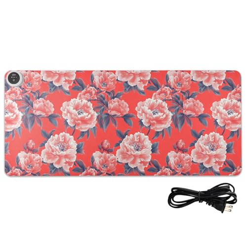 Tapis de souris chauffant en cuir 80 x 33 cm rouge et rose pivoine antidérapant
