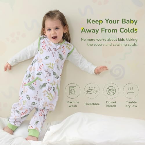 Image of WONDAY Toddler Sleep Sack with Feet, 0.5 Tog Sleeping Sacks for Walking with Legs 12-18 Months 2T 3T 4T 5T (Green Leaf, 12M-2T)