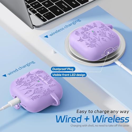 Image of Meyaar Silicone Case for AirPods 4 Floral Embossed, Flower Engraved Soft Silicone Cover with Keychain, Anti-Scratch, Shockproof Protective Case Cover(Purple, for AirPods 4 (2024)
