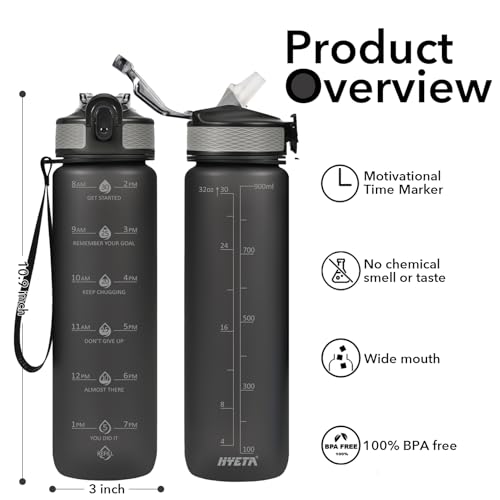 Image of Hyeta Plastic Water Bottle With Straw & Time Marker, 32oz Leakproof Jug | Motivational Tritan BPA Free Gym Office Outdoor Intake Tracker Hourly Reminder Straw Lid Lightweight