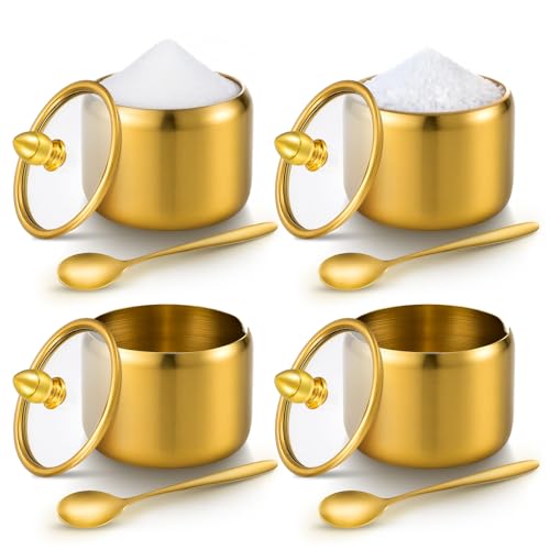 4 Pack 10oz Gold Sugar Bowl with Lid And Spoon, Stainless Steel Sugar Creamer Container Durable Round Jar for Coffee Bar Kitchen Accessories Food Storage Containers, Kitchen Decor Housewarming Gift