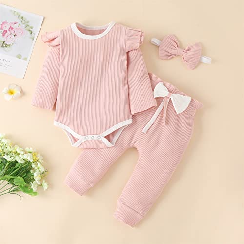 Macacão de manga comprida com nervuras para bebês recém-nascidos para meninas, calça longa, faixa de