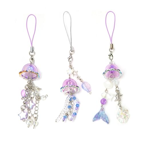 chihimoer 3 PCS Purple phone Charm Y2K Accessories Aesthetic Keychain Jellyfish Decor String Cellphone Chain Pendant Strap Lanyard Bead