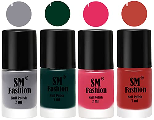 Image of Nail Polish Combo Set (Pack of 4) Quick Dry Gel Finish Nail Paint | Gray,Dark Green,Dark Rose Pink,Dark Nude | 7 ml Each