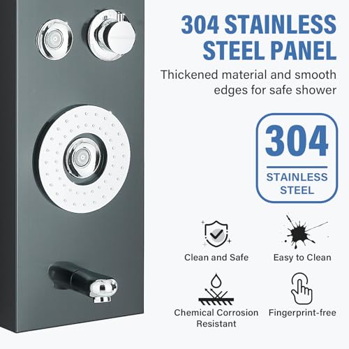 Image of FUZ Shower Panel Tower System, Stainless Steel 6 Functions Shower Panel System with LED Fancy Rain Shower Head and Handheld, Adujstable Rain Massage Body Jets and Tub Spout, Matte Black Shower Tower