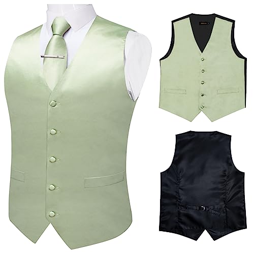 DiBanGu Men's Satin Suit Vest & Tie Set 5PCS Solid Color Dress Waistcoat for Suit or Tuxedo Wedding Party3