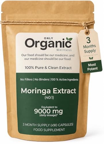 Only Organic Wellness Moringa Capsules 9000mg(40:1) - 3 Month Supply | 90 High-Strength Moringa Extract Capsules | Pure Potent Leaf Extract - No Additives | Vegan Non-GMO & Lab-Tested