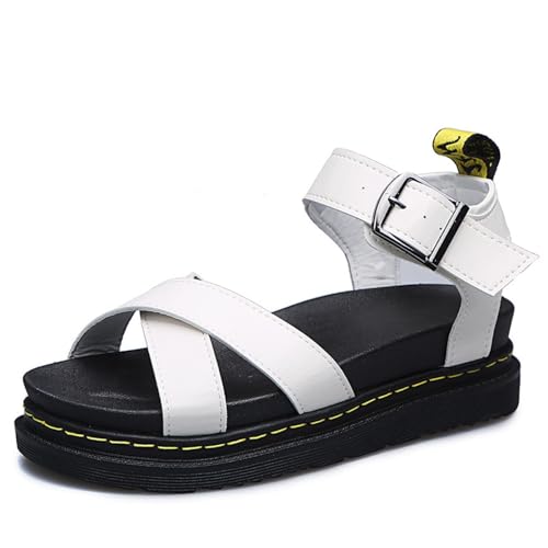 Image of UK 7 Chunky Sandals Ladies Womens Closed Toe Flatform Gladiator Platform Chunky Sole Strappy Summer Sandals Buckle Ankle Strap Walking Sandal Sandle Footwear Yellow Stitching_002_White