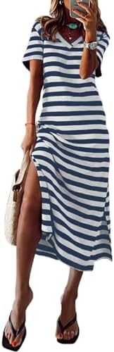 BLENCOT Women Summer Dress Striped Short Sleeve V Neck Sundress Casual Side Slit Beachwear T-Shirt Dresses