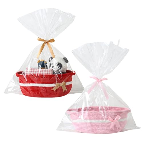 PandaEar Pack de 2 Pequeñas Cestas Tejidas, Cestas de Algodón Vacías para Regalos de Baby Shower, Navidad, Cumpleaños, Organizador Reutilizable y Kit de Envoltura de Regalo, 30x20x12 cm, Rojo y Rosa