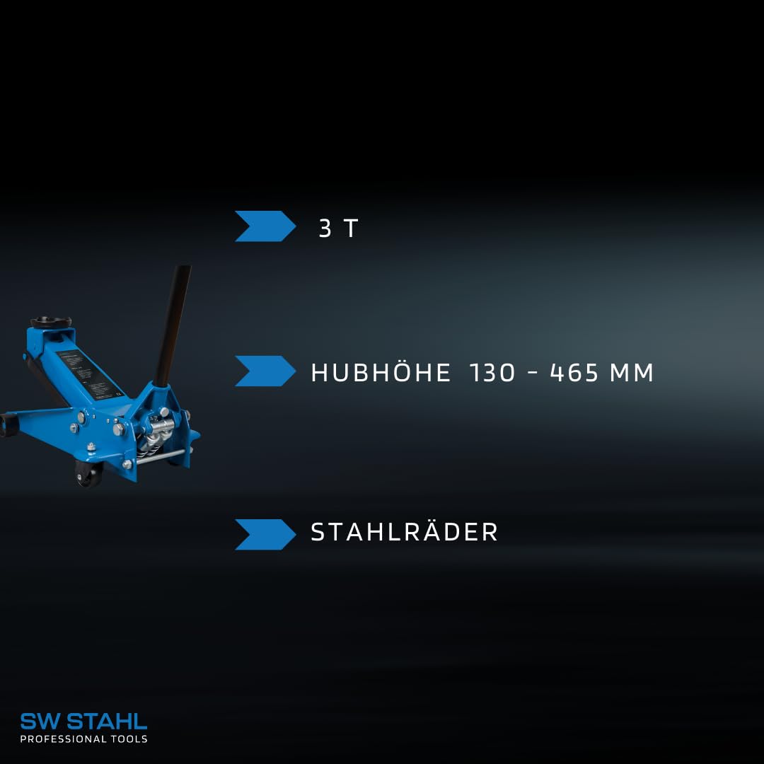 SW-Stahl 20731L Gato de Carretilla Hidráulico de 3 Toneladas - Elevador 3t | Capacidad 3000 kg, elevación 130-465 mm, chasis de 716 mm con 4 rodillos de metal, gato hidráulico para taller