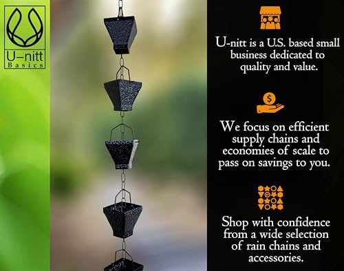 U-nitt Rain Chains, Roof Gutter Downspout/Spout Channel, Rainwater Water Catcher/Diverter, 8.5 feet Length, Metal, Black Powder Coated, Textured Square Cups with Chain, Modern, 5517BLK-CH