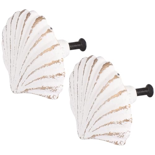 HAPINARY 2 piezas Tiradores para Cocina con Diseño de Conchas Marinas de Mango de Hierro Fundido Estilo Mediterráneo Pomos Decorativos Rústicos para Armarios y Cajoneras Blanco Vintage