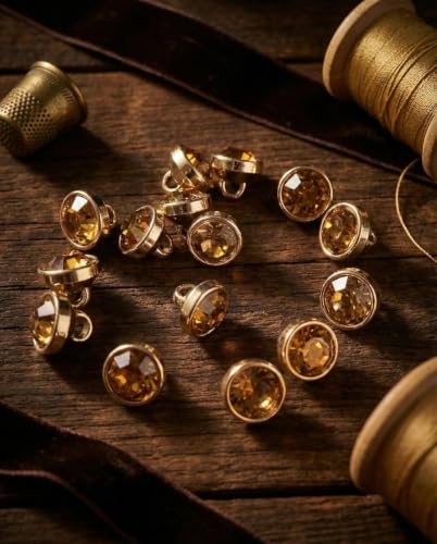 Image of Crystal Amber gold Rhinestone Buttons (Size-18L) for Sewing & Craft | Gold Rim Designer Button for Blouse, Kurti, Dresses, DIY Craft & Decorations | Pack of 12 | Shiny Diamond Cut for Women's Clothing