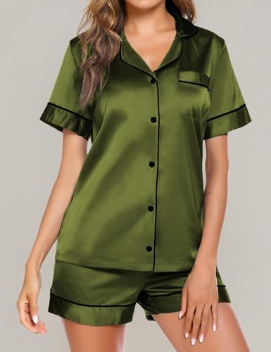 Image of Ekouaer Pajamas for Women Set Silk Satin Pjs Button Down Sleepwear Summer Loungewear Top and Shorts Lounge Set S-XXL