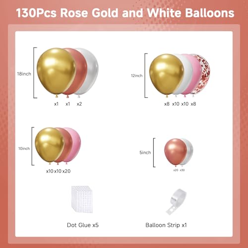 Image of Rose Gold Balloons Arch Kit,130pcs Pearl Metallic Rose Gold Balloon Garland,Different Sizes White and Gold Latex Balloons for Wedding Bridal Baby Shower Birthday Party Decorations for Women