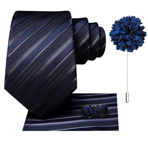 Image of Hi-Tie Men Silk Ties Set with Flower Lapel Pin Necktie Pocket Square Cufflinks for Tuxedo Wedding Business