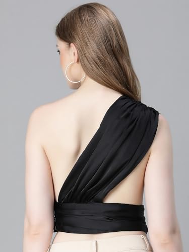 Image of oxolloxo Women Solid Elasticated One-Off Shoulder Satin Crop Top