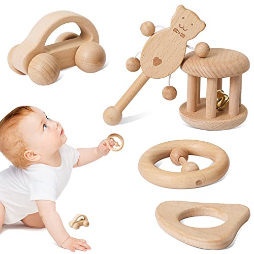 Image of Promise Babe Puzzle Toys Montessori Rattle Set Infant Wooden Rattles Interesting Toy 5pc Nursing Wooden Baby Toys