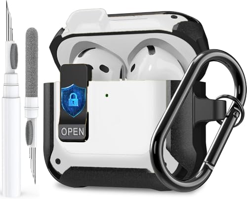 Image of Olytop for Airpods 4 Case with Lock Clid, Rugged Apple Airpods 4th Generation Cover 2024 Men Women, Armor Shockproof iPod 4 Gen Protective Hard Shell with Carabiner&Cleaner kit,Black /White
