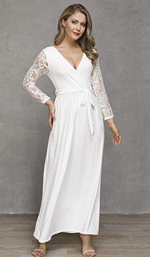 Women V Neck Faux Wrap Flowy Maxi Evening Dress Tie Waist Lace Long Sleeve Casual Dresses Ivory 2XL