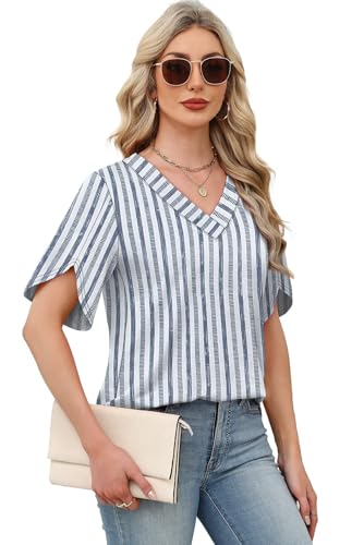 Image of WIHOLL Womens Summer Tops Short Petal Sleeve Shirts Fashion V Neck Womens Clothing