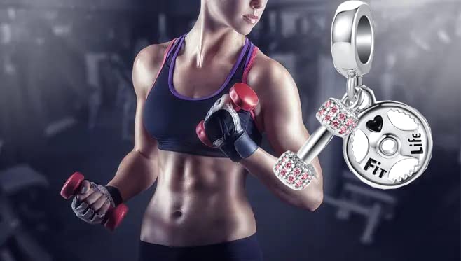Pink Dumbbell Barllbell Gym Workout Charm for Pandora Bracelets Sports Barbell CZ Bead4