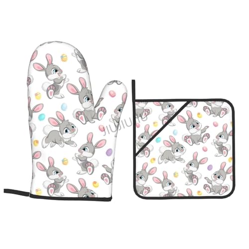 Resistant Non-Slip Potholders Oven Gloves and Pad Gray Rabbit Patterns Oven Mitts and Pot Holders Set for Baking Cooking BBQ - immagine 6