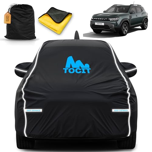 Image of Duster 2025 Waterproof Long Life Cover with Safety Glow Reflective Strap, Premium Stretchable Velvet Velour Fabric, Machine Washable, Tri-Stitch Custom Fit with Mirror & Antenna Pocket