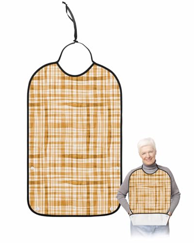LEOKOTI Orange Brown Checkered Adult Bibs for Eating, Waterproof Bibs with Food Catcher & Adjustable Snap Closure, Watercolor Buffalo Plaid Washable Clothing Protectors Adult Bibs for Elderly