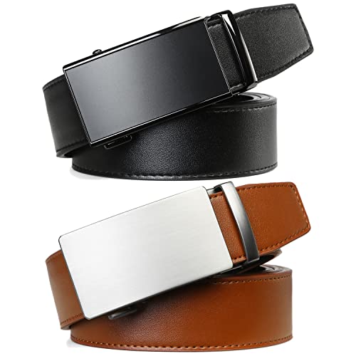 Image of 2 Pack Ratchet Belt 1 3 /8 inch, Mens leather Dress Belt in Gift Set Size 28 inch-62 inch Adjustable waist Trim to Fit