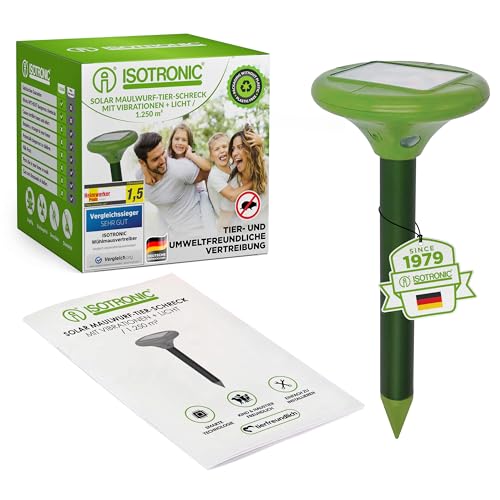ISOTRONIC Solar LED Maulwurfabwehr Vibrasonic | mit Vibrationsmotor solarbetrieben | Wühlmausfrei Wühlmausschreck Wühlmausvertreiber Maulwurfschreck | Testsieger