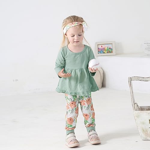 Image of Toddler Baby Girl Clothes Solid Color Long Sleeve Ruffle Tops Pants Headband Outfits Set